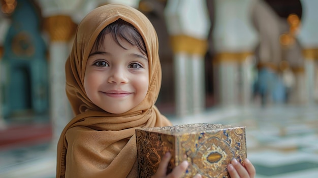 Niño joven donando Zakat en el vestíbulo de la mezquita rodeado de un grupo diverso de personas que todas creen en el Islam