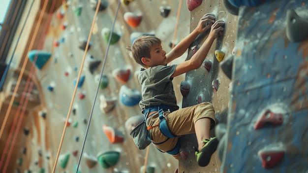 Niño joven escalando roca en una pared de escalada interior Él está usando un arnés de seguridad y está usando sus manos y pies para escalar la pared