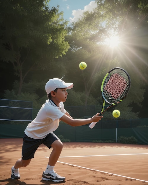 Niño joven jugando al tenis