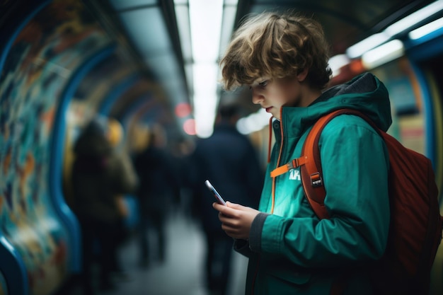 Niño joven en el metro de Londres persona viaje de asiento Generar IA