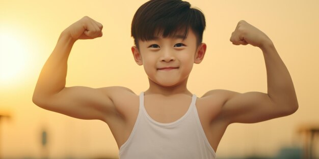 Foto un niño joven mostrando su fuerza mientras flexiona sus músculos frente a la vibrante luz del sol perfecto para temas de fitness y motivación