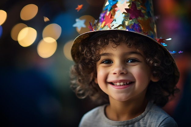 Niño joven sonriendo con sombrero de fiesta y sosteniendo un confeti con IA generativa