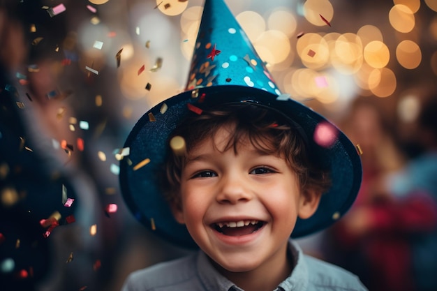 Niño joven sonriendo con sombrero de fiesta y sosteniendo un confeti con IA generativa