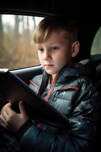Niño joven sosteniendo su tableta mientras está sentado en el asiento trasero de un coche creado con IA generativa