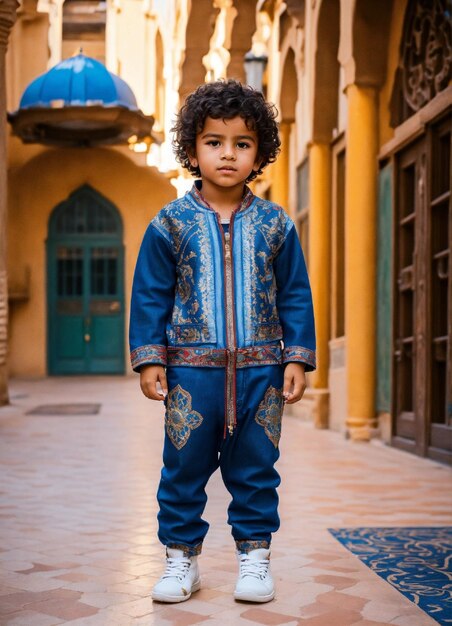 un niño joven con un traje azul y dorado está de pie frente a un edificio amarillo