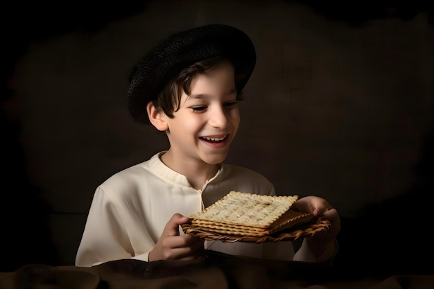 Niño judío sosteniendo en sus manos matzá casera Pascua Generativa AI 1