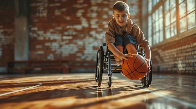 Foto un niño juega al baloncesto con una pelota en una silla de ruedas