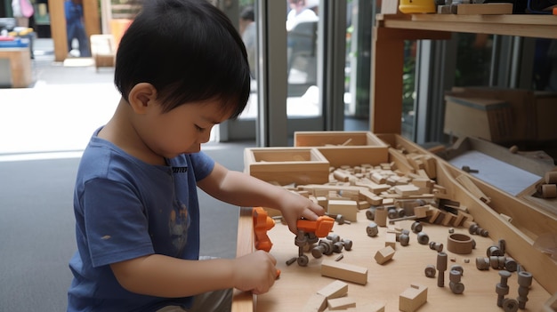 Un niño juega con bloques de madera en un área de juegos.