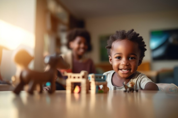 Un niño juega con una casa de juguete.