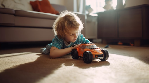 Un niño juega con un coche de juguete en el suelo.