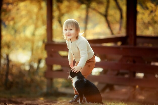 Un niño juega con un gato outdors