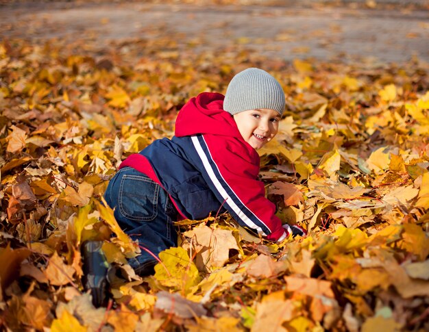 Niño juega con hojas de otoño