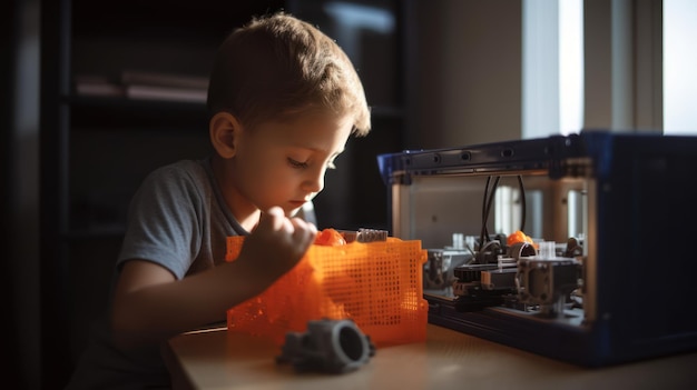 Un niño juega con una impresora 3d.