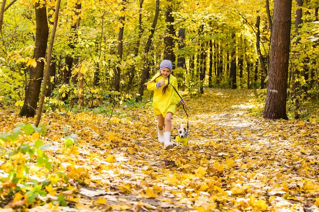 El niño juega con Jack Russell Terrier en el bosque de otoño