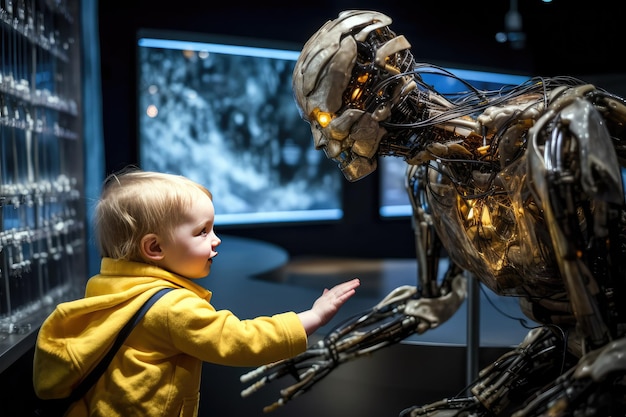 Un niño juega con un robot.