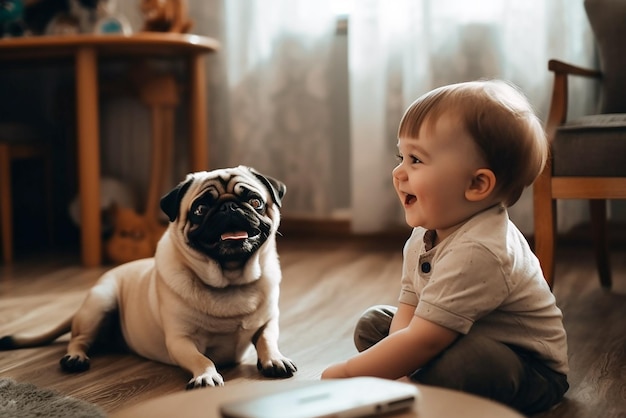 Un niño juega con su perro en su apartamento en su habitación.