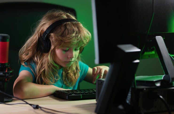 Foto niño juega un videojuego en la pantalla de la computadora del pc jugador juega juegos de computadora iluminación de neón red social para niños