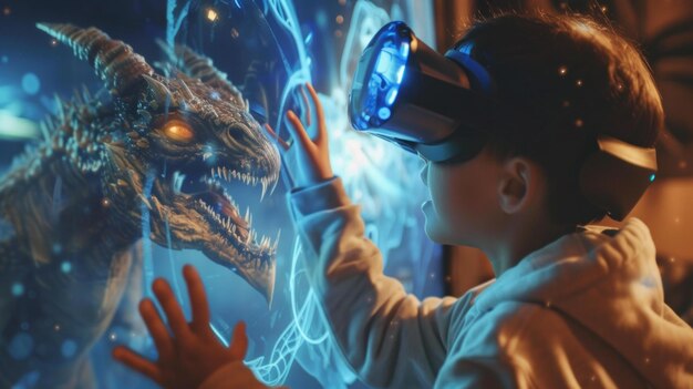 un niño juega un videojuego de realidad virtual interactúa con elementos holográficos hiperrealistas de fantasía heroica luchando con monstruos es feliz IA generativa