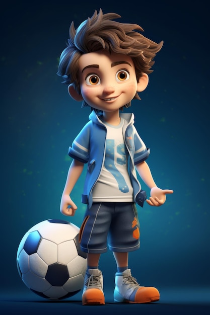 Un niño jugador de fútbol con una pelota de fútbol en un fondo azul ilustración 3D