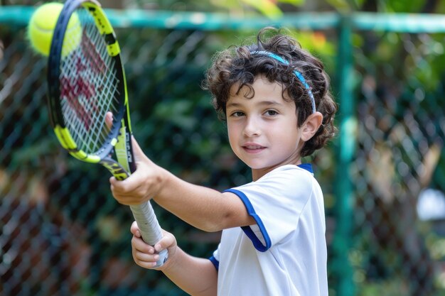 Un niño jugador de tenis practicando tenis