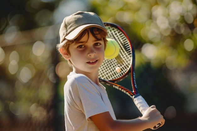 Un niño jugador de tenis practicando tenis