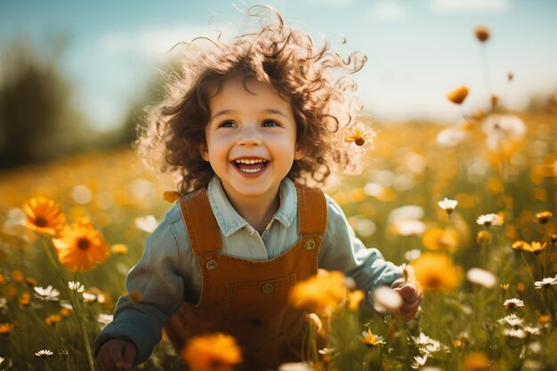 Niño jugando al aire libre en un parque primaveral con IA generativa