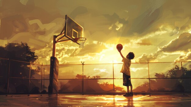 Foto un niño jugando al baloncesto en el agua con un fondo de puesta de sol