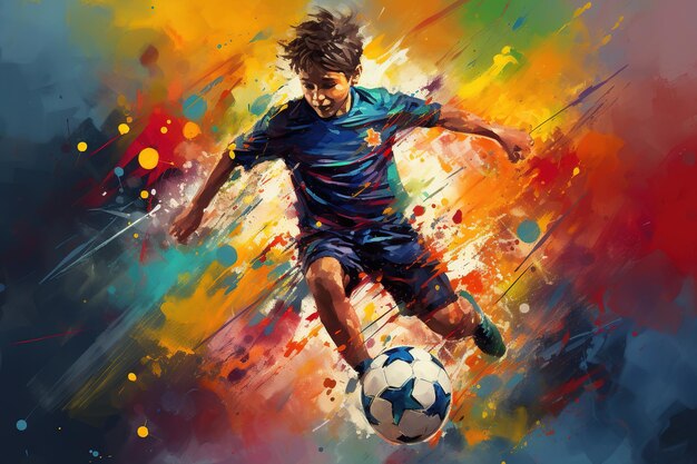 Foto niño jugando al fútbol golpeando la pelota día mundial del arte