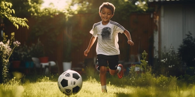 niño jugando al fútbol en el patio trasero IA generativa