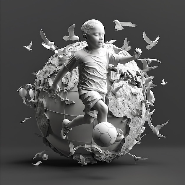 un niño jugando al fútbol con una pelota de fútbol y pájaros volando a su alrededor