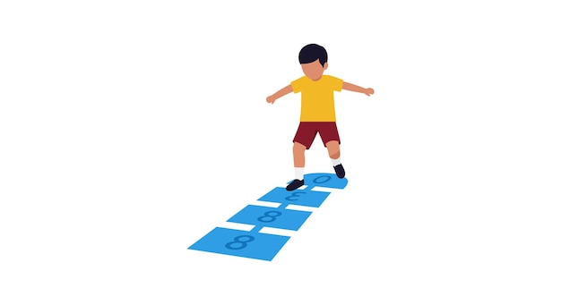 Niño jugando al salto en colores vibrantes con ilustración vectorial de estilo de diseño plano