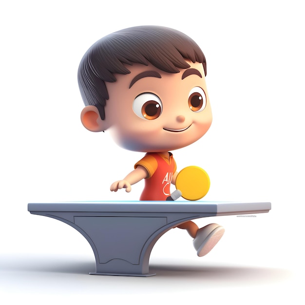 Niño jugando al tenis de mesa aislado en un fondo blanco Ilustración 3D