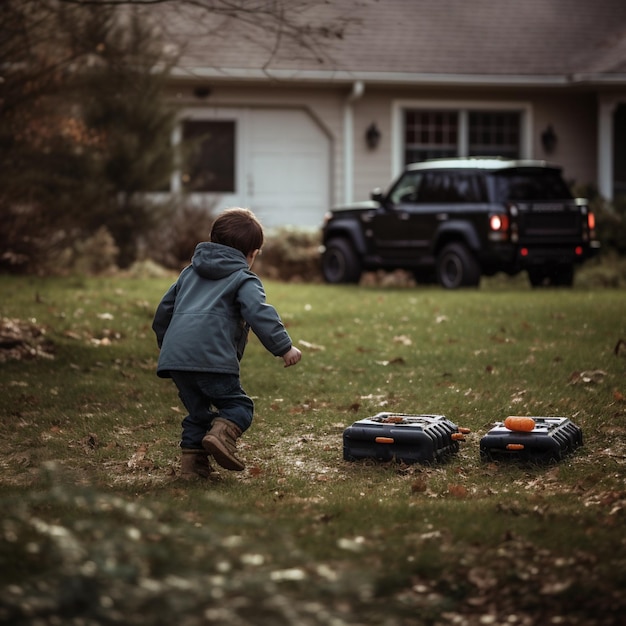 Un niño jugando con un auto frente a una casa con un camión al fondo.