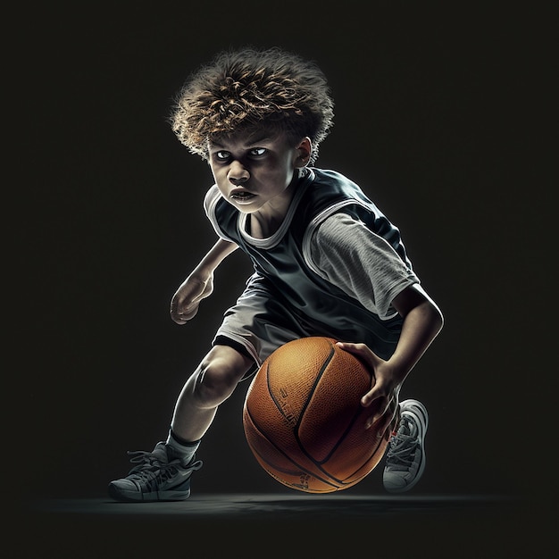 Niño jugando baloncesto imagen de fondo oscuro Arte generado por Ai