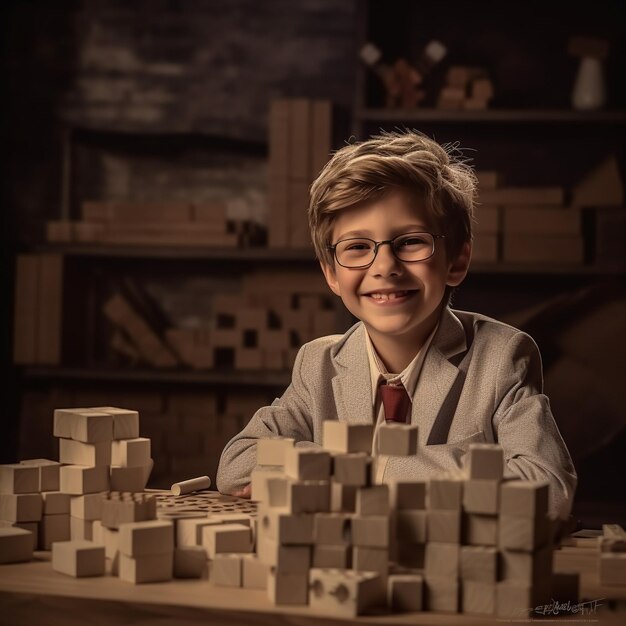 un niño jugando con un bloque de lego hecho por legos.