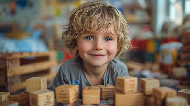 Niño jugando con bloques de madera