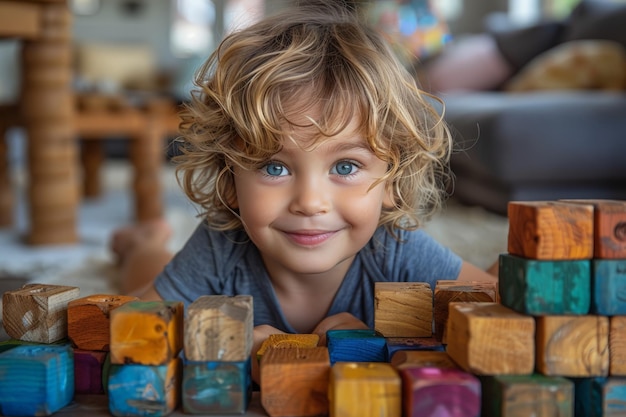 Niño jugando con bloques de madera