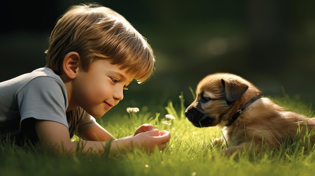 Niño jugando con cachorro sobre el césped