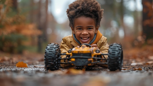 un niño jugando con un coche de juguete en el bosque