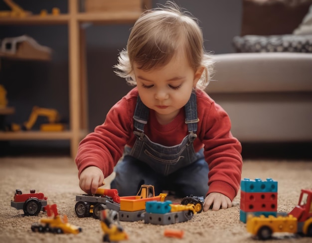 Un niño jugando con coches de juguete y bloques en un piso de alfombra en un dormitorio