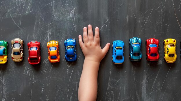 Un niño jugando y colocando coches de juguete de varios colores