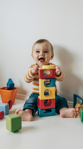 Niño jugando con un constructor de varios colores en una pared blanca