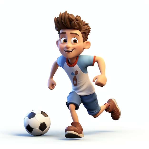 un niño jugando fútbol ilustración 3d en fondo blanco