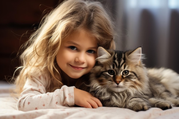 Niño jugando con gatito en casa