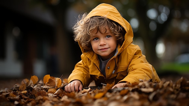 Niño jugando con hojas en otoño generado con IA