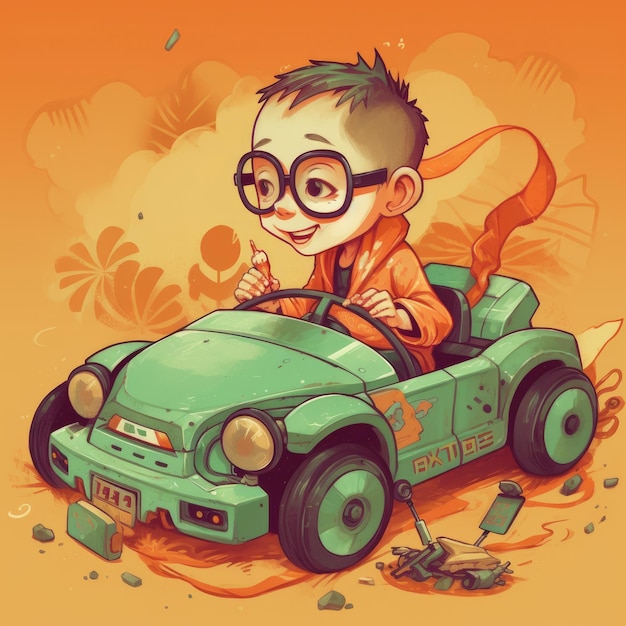 Niño jugando con la ilustración de dibujos animados de coches de juguete con ai generativo