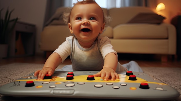 Niño jugando con un instrumento musical Descubrimiento alegre del sonido y el ritmo Artículos para bebés