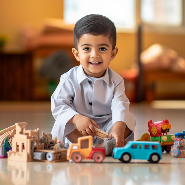 un niño jugando con juguetes y un camión en el suelo.