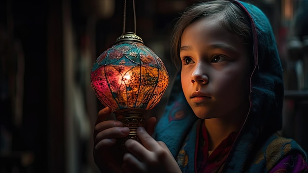 Un niño jugando con una lámpara en medio de la noche.