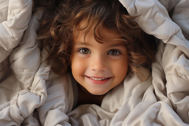 Niño jugando bajo una manta en una cama blanca